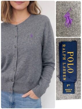Polo Ralph Lauren Grey Cardigan Sz Large Cotton Merino Wool Pony Logo Crewneck